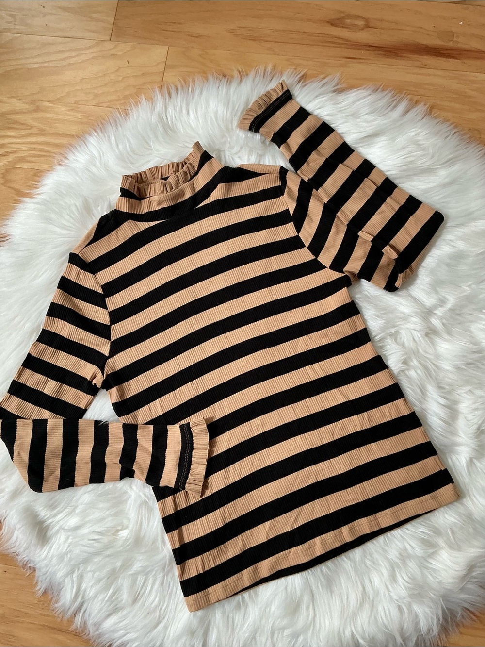 J.Crew Ribbed Ruffle Mock Neck Striped Long Sleeve Top Size Large